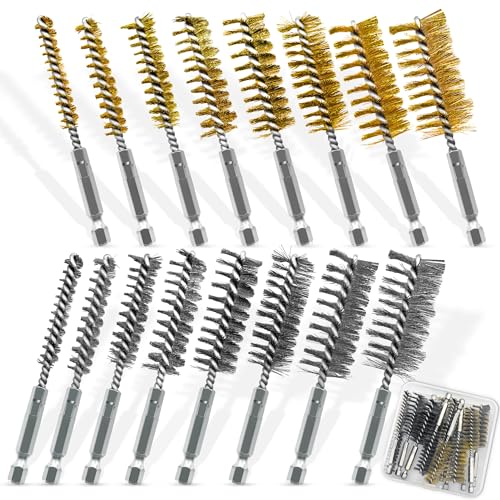 16Pcs Bore Brush Set - 304 Stainless Steel & Brass Drill Wire Bore Brushes - color: Multicolor