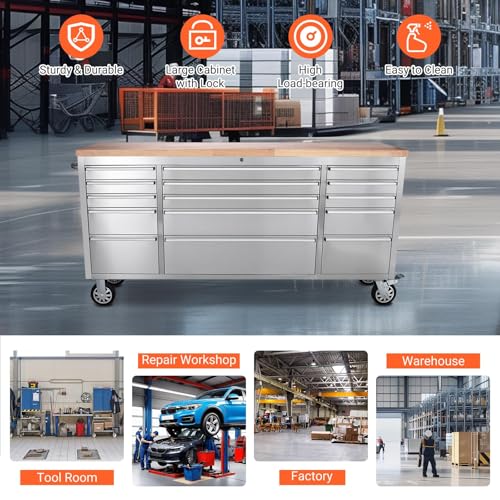 72" Heavy-Duty Rolling Tool Chest & Garage Workbench with 15 Drawers, Steel Cabinet, Rubber Wood Top, Key Locking System, Drawer Liners, On Wheels for Warehouse Repair Shop, Silver - size: 72 Inch Silver