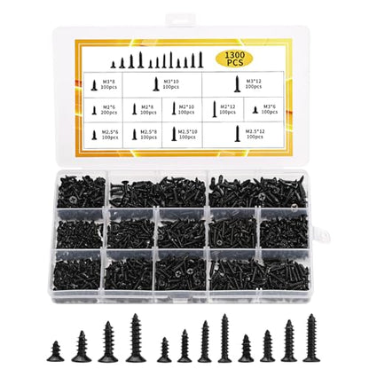 1300 Pcs Black Wood Screws Kit - M2 M2.5 M3 Flat Head Self-Tapping - color: black