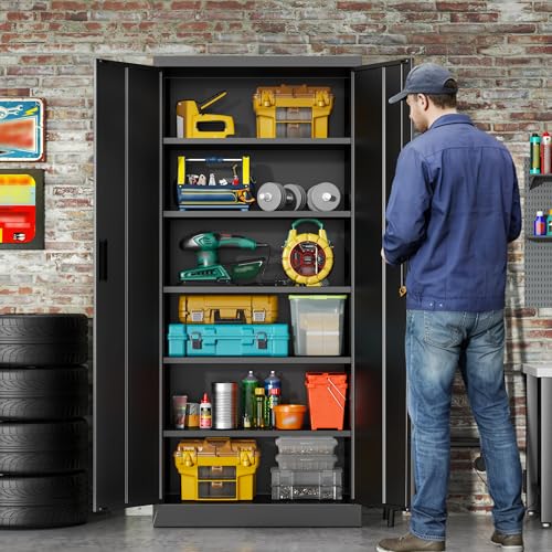 BESFUR Metal Storage Cabinet, 71" H Locking Storage Cabinet with 5 Adjustable Shelves, Metal Cabinets for Garage, Office, Home, Classroom- Black - color: Black, size: 71"H x 32"W x 16"D