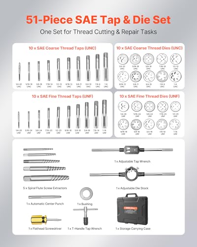 VEVOR Tap and Die Set, 51-Piece SAE Sizes 1/4" to 1", with Coarse and Fine Thread Taps and Dies, Wrench, Carrying Case and Complete Accessories, Bearing Steel, for Threading and Rethreading Threads - size: Large-51pcs-SAE