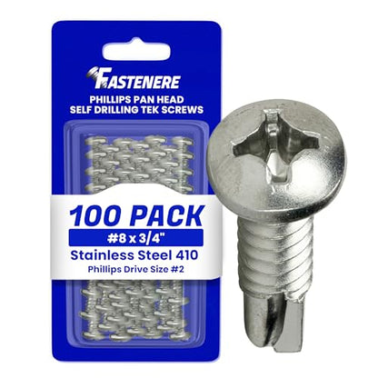 Fastenere Pan Head Self Drilling Tek Screws - #8 x 3/4" (100 Pack) Stainless Steel 410, Full Thread, Bright Plain Finish, Corrosion-Resistant, Self-Drilling, Easy to Install w/Phillips Drive Size #2 - size: #8 x 3/4" (100 Pack)