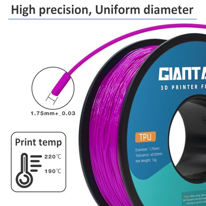 GIANTARM 95A TPU 3D Printer Filament 1.75mm, 1kg Spool, Purple, +/- 0.03mm - color: Tpu-purple 2