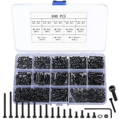 840Pcs Black Carbon Steel M2.5 Hex Socket Screws & Nuts Assortment Kit - color: M2.5 840 Black