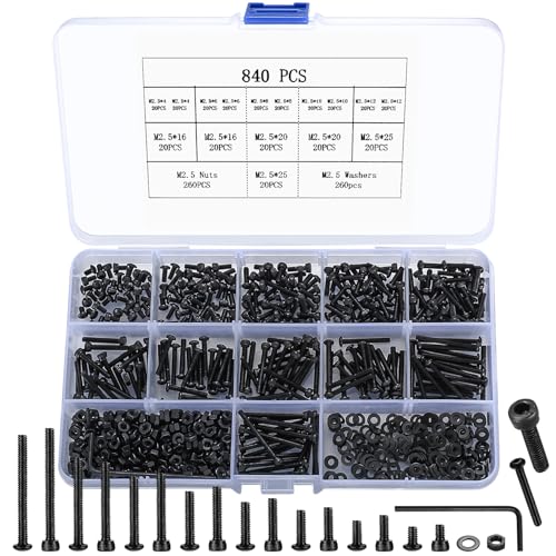 840Pcs Black Carbon Steel M2.5 Hex Socket Screws & Nuts Assortment Kit - color: M2.5 840 Black