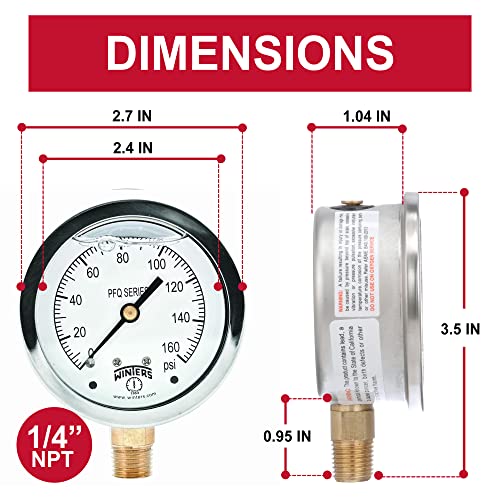 Winters 2-1/2" Dial Size, Liquid Filled Industrial Pressure Gauge, Brass Internals, 304 Stainless Steel Case, Single Scale 0-160 psi, 1.5% Acc, 1/4" NPT Bottom Mount, Glycerin Filled Pressure Gauge - style: 0/160 PSI