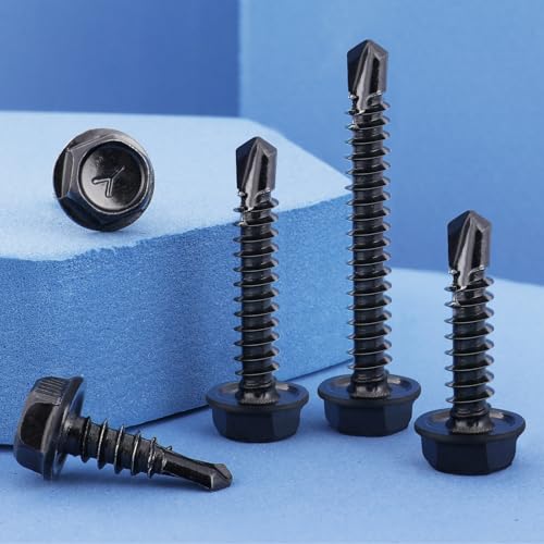 VGBUY 166pcs #8 x 1 Self Drilling Screws for Metal,410 Stainless Steel Black Zinc Plated,Self Tapping Sheet Metal Screws,Hex Washer Head - color: Black Hex Washer Head, size: #8 x 1 inch