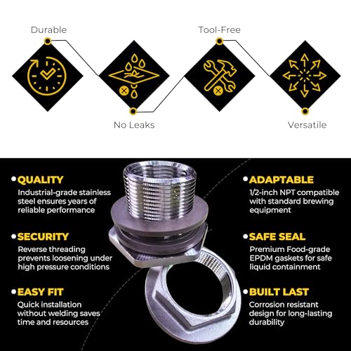 MiniBrew 1/2” NPT EZ Seal Weldless Bulkhead with EPDM Gaskets for Homebrewing - size: 1/2-EPDM, style: Pack of 1