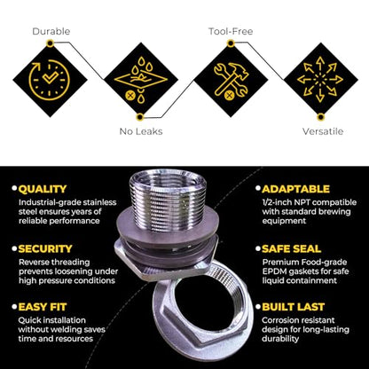 MiniBrew 1/2” NPT EZ Seal Weldless Bulkhead with EPDM Gaskets for Homebrewing - size: 1/2-EPDM, style: Pack of 1
