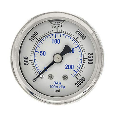PIC Gauges 202L-158P Center Back Mount Glycerine Filled Pressure Gauge w/ SS Case/Bezel, Brass Internals, PC Lens, 1.5" Dial, 0/3000 psi Range, 1/8" Male NPT - style: 0 - 3,000 PSI