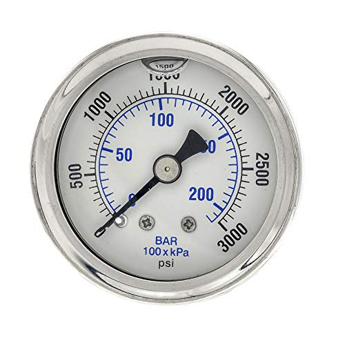 PIC Gauges 202L-158P Center Back Mount Glycerine Filled Pressure Gauge w/ SS Case/Bezel, Brass Internals, PC Lens, 1.5" Dial, 0/3000 psi Range, 1/8" Male NPT - style: 0 - 3,000 PSI