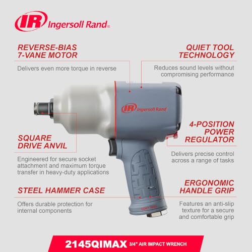 Ingersoll Rand 2145QiMAX 3/4" Drive Air Impact Wrench – Quiet Technology, 1,350 ft-lbs Powerful Reverse-Torque Output, 7-Vane Motor, Steel Hammer Case - style: 2145QIMAX - Standard Anvil