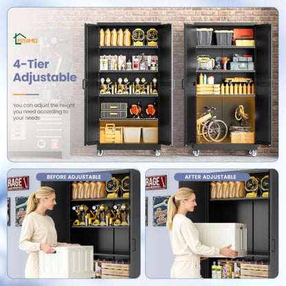 75"Metal Garage Storage Cabinets with Wheels & Adjustable 4 Shelves - color: Black, size: 74.5"H x 31.5"W x 15.7"D - B