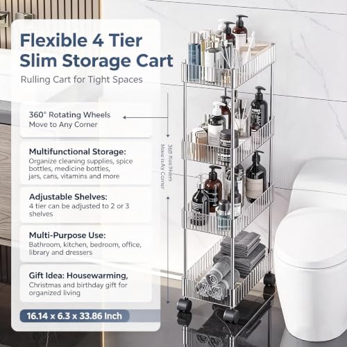 Sooyee Slim Rolling Storage Cart, 4 Tier, Clear - color: Clear, size: Slim 4 Tier