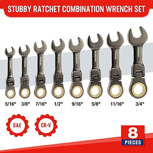 WORKPRO 8 Piece Flex Head Stubby Ratcheting Wrench Set, SAE 5/16-3/4 in - size: SAE, style: Nickel-plated