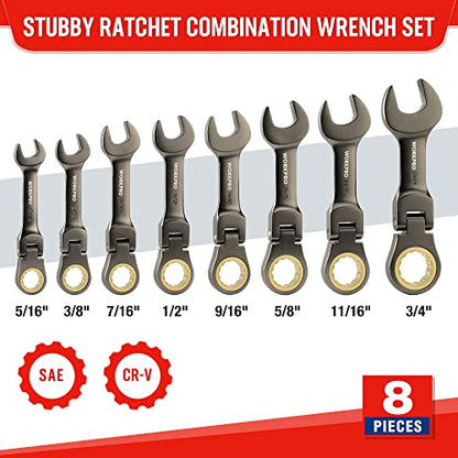 WORKPRO 8 Piece Flex Head Stubby Ratcheting Wrench Set, SAE 5/16-3/4 in - size: SAE, style: Nickel-plated