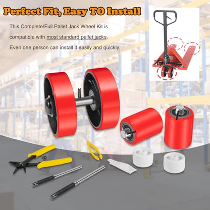 Pallet Jack/Truck Full Wheel Replacement Kit, Pair Steering Wheels (7"x 2"), Pair Front Load Roller(3" x 3.75"), with Pre-Installed Bearings, Axles, 20mm ID Poly Tread, Entry Rollers, Install Tool Kit