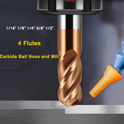 5PCS 1/16" Carbide Ball Nose end Mill Bits Set- 1/8" Shank Dia,1-1/2'' Oal - 4 Flutes TISIN Coated - for Alloy Steels, Hardened Steels - size: 1/16 in