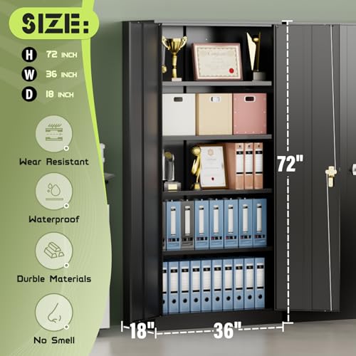 Oakmont Metal Storage Cabinet for Tool Organization, 72" Lockable Garage Storage Cabinets with 2 Doors and 4 Adjustable Shelves, Locking File Cabinet for Office, Home, School (72“ Wide-Black) - color: Black, size: 72" H x 36" W x 18" D