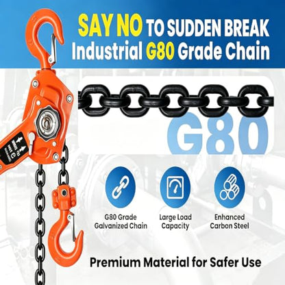 Lifting Hoist, 6 Ton 13200LBS Manual Lever Chain Hoist, 10FT G80 Galvanized Chain, Dual-Pawl Brake for Confined Area Operation