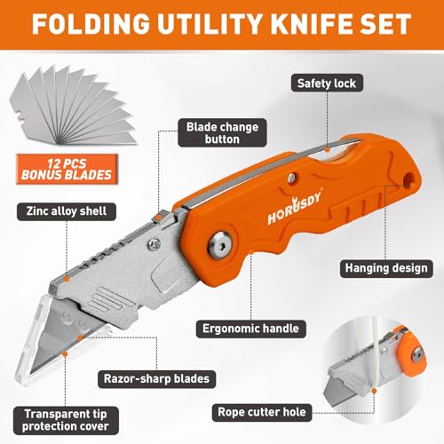 HORUSDY 4-Pack Folding Utility Knife Set, Heavy-Duty Box Cutters with 12 Extra Blades, Quick-Change Razor Knives with Color-Coded Handles (Green/Blue/Red/Orange) for Jobsite, Warehouse & Home Use - style: New Version