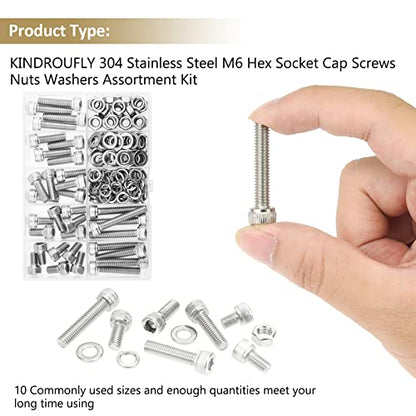 122 Pieces M6 x 10/12 /16/20 /25/30 /35mm Hex Socket Head Cap Screws Nuts Washers Assortment Kit, 304 Stainless Steel, Fully Machine Thread - size: M6, style: Socket Head