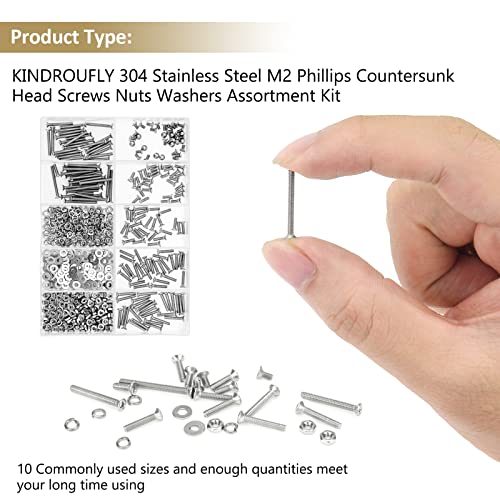 562 Pieces M2 x 4/6 /8/10 /12/16 /20mm Phillips Countersunk Head Machine Screws Nuts Washers Assortment Kit, 304 Stainless Steel, Fully Machine Thread - size: M2, style: Phillips Countersunk Head