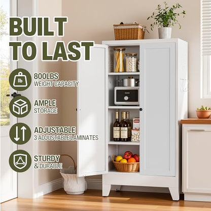 AQY Metal Pantry Cabinet, White Kitchen Storage Cabinet with Doors - color: White, style: H47" - 2 Doors Hooks & Vents