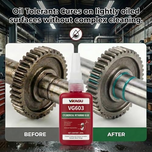 VG603 Retaining Compound, High Strength & Oil Tolerant Anaerobic Adhesive for Bearings, Shafts, and Cylindrical Assemblies, Gap Filling up to 0.005", Green, 1.69 Fl OZ - size: VG603, style: 1 Pack