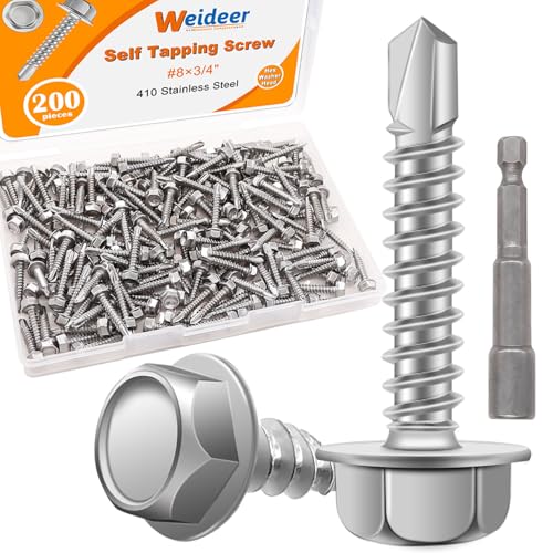 weideer 200pcs #8×3/4" Self Tapping Screws for Metal, 410 Stainless Steel Hex Washer Head Sheet Metal Screws,Quick Tapping Screw with Screwdriver Bit