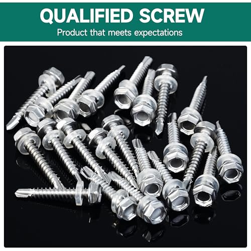 100Pcs #8 x 1-1/2" Sheet Metal Screws, 410 Stainless Steel Self Drilling Hex Washer Head Self Tapping Screws for Metal with Drill Bit - color: Silver, size: #8 x 1-1/2"