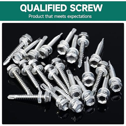 100Pcs #8 x 1-1/2" Sheet Metal Screws, 410 Stainless Steel Self Drilling Hex Washer Head Self Tapping Screws for Metal with Drill Bit - color: Silver, size: #8 x 1-1/2"