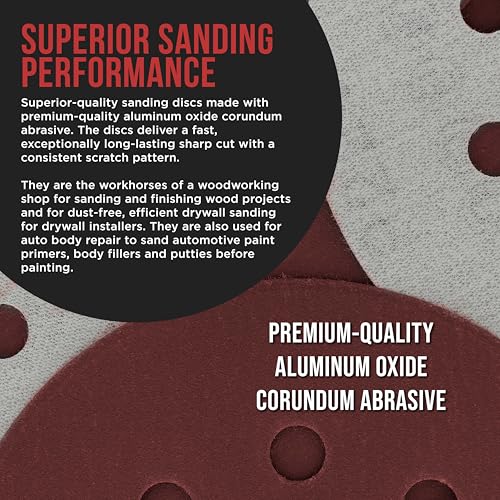 ProductionShop Premium 5" Red 8-Hole Pattern 220 Grit Sanding Discs, Box of 50 - Dustless Hook & Loop Backing Sandpaper for Random Orbital Sanders, Fine-Cut Abrasive - Woodworking, Sand Auto Paint - style: 220 Grit
