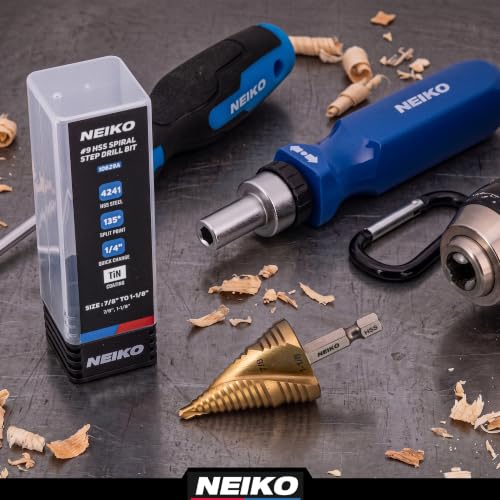 NEIKO 10629A Step Drill Bit, 2 Steps 7/8" to 1-1/8" Spiral High Speed Steel, Titanium Nitride Coated, 1/4" Quick Change Step Bits for Steel, Metal, Wood, Plastic, Unibit Cone Drill Bits, Two Flute - size: #9 (7/8 - 1-1/8", 2S), style: Spiral