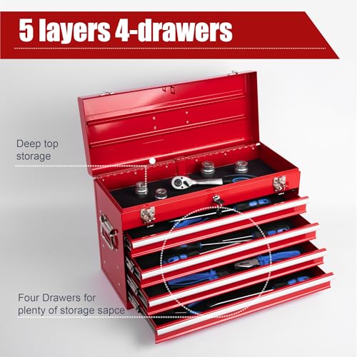 Heavy Duty Metal Tool Box, 21-inch, Portable Metal Tool Box with 4 Drawers, Small Tool Chest with EVA Liners, Ball Bearing Slide Drawers Locking & Powder Coated Finish, Multi-Function Tool Organizer - color: Tool Box-red