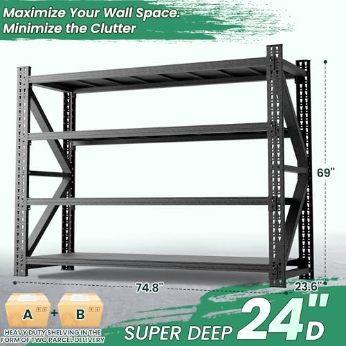 4-Tier Heavy Duty Garage Shelving,Industrial Shelving for Commercial & Home Use,Garage Storage Racks Heavy Duty Steel Shelves,Ultra-Wide Metal Rack for 3‑Car Garages,Warehouses,Workshops - size: 24"D*75"W*69"H