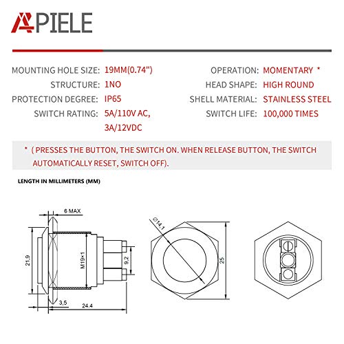 APIELE 19mm Momentary Push Button Switch High Round Cap Waterproof Stainless Steel Metal High Flush Screw Terminals 250V 5A 1NO SPST (Pack of 2) - style: Momentary High Round