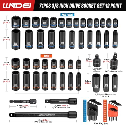 LLNDEI 3/8" Drive 12-Point Socket Set 71Pcs SAE/Metric CR-V - size: 71pcs 3/8 inch Drive Socket Set