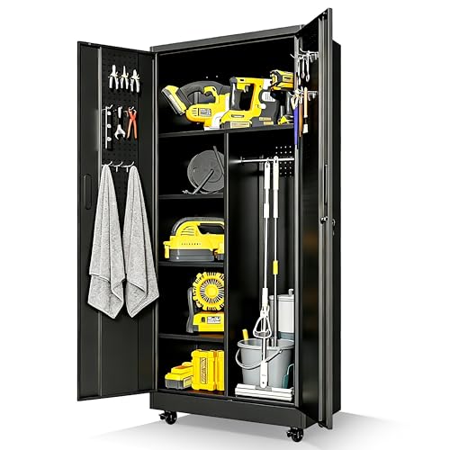71" Tall Broom Closet Storage Cabinet with Lock,Heavy Duty Garage Storage Cabinet,Large Cleaning Cabinet with Adjustable Shelves & Hanging Rod,Broom Cabinet for Laundry Room,Tool Room,Office - color: Black, size: 2 Doors & Hanging Rod