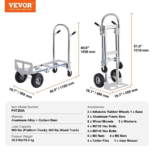 VEVOR Aluminum Truck, 2 in 1, 800 lbs Load Capacity, Heavy Duty Industrial Convertible Folding Hand Truck and Dolly, Utility Cart Converts from Hand Truck to Platform Cart with Rubber Wheels - size: 800 lbs