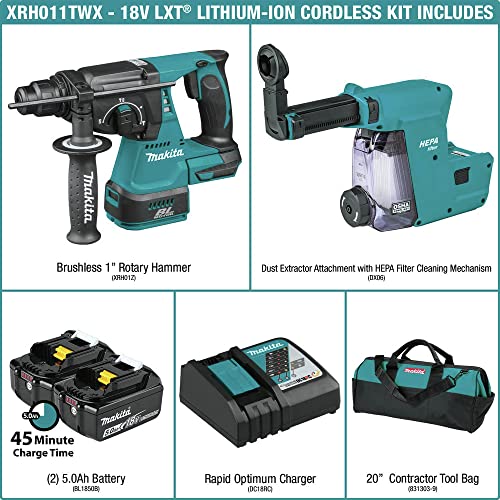 Makita XRH011TWX 18V LXT® Lithium-Ion Brushless Cordless 1" Rotary Hammer Kit, accepts SDS-PLUS bits, w/HEPA Dust Extractor Attachment (5.0Ah)