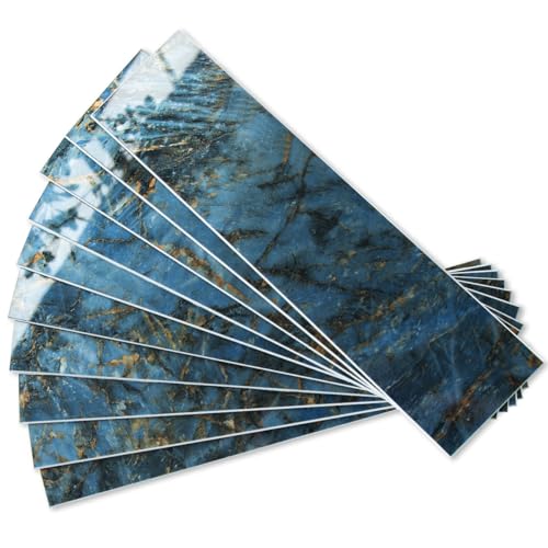 AULIGET 40-Piece Polished Blue Marble Peel and Stick Backsplash Wall Tiles, 3" x 12" PVC Faux Stone Stick on Tiles for Backsplash Kitchen, Bathroom, Laundry Room, Camper, Fireplace - color: Polished Blue Marble, size: 40 Pieces, 3"x12"x0.12"