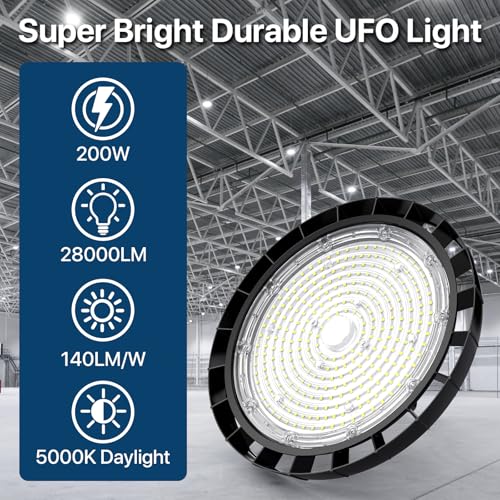 HYPERLITE LED High Bay Lights: 200W 28000LM UFO Led High Bay Lights 5000K AC100-277V with Plug 5' Cable - UFO Light for Garage Shop Factory Warehouse 6 Packs