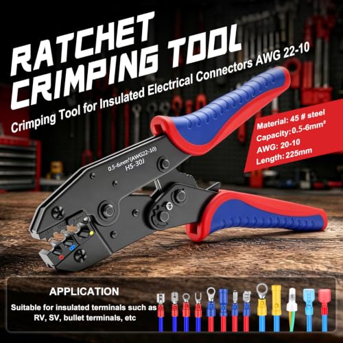 smseace Wire Crimping Tool for Insulated Electrical Connectors 22-10AWG Professional Ratcheting Terminal Crimper - color: Red&blue