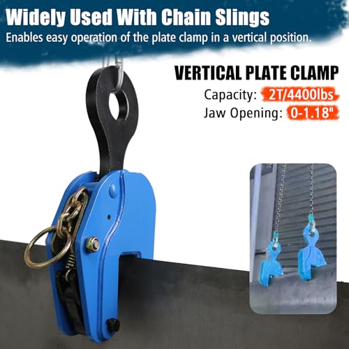Vertical Plate Lifting Clamp,4400lbs Capacity Heavy Duty Steel Plate Clamp 2T with 0.8 Inch Jaw Opening, Industrial Lifting Clamp for Sheet Metal and Steel Plate Handling - color: 4400lbs-vertical - Non-rotating Ring
