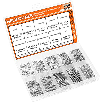 HELIFOUNER 240 Pieces #2-56 Phillips Pan Head Machine Screws Nuts Assortment Kit, Coarse Thread, Fully Machine Threaded, 304 Stainless Steel - size: #2-56, style: Phillips Pan Head