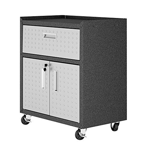 Manhattan Comfort Fortress Textured Metal 31.5" Garage Mobile Cabinet with 1 Full Extension Drawer and 2 Adjustable Shelves, Black/Gray - color: Black/Grey, style: Storage Cabinet