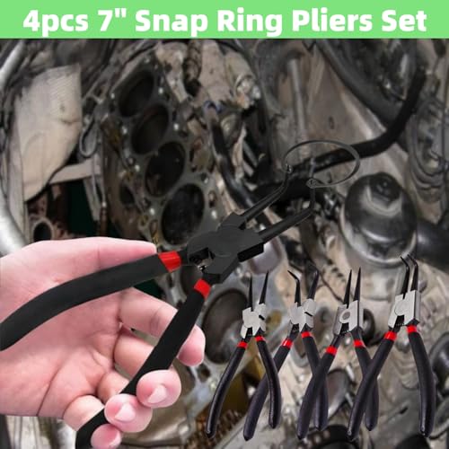 4PC 7" Snap Ring Pliers Set, Internal/External Circlip Pliers Kit with Straight+Bent Jaw Tips, Heavy Duty C Clamp Pliers for Automotive Tools