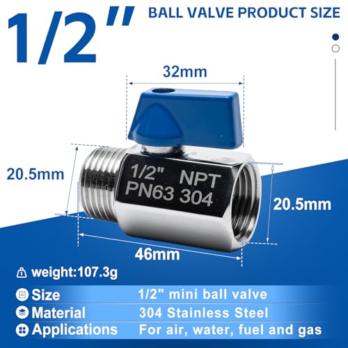 2 Pack 1/2" Mini Ball Valve, 304 Stainless Steel Valve NPT Female x Male Thread Shut-Off Valves for Small Compact Space (2, 1/2 Inch) - color: 1/2 Inch