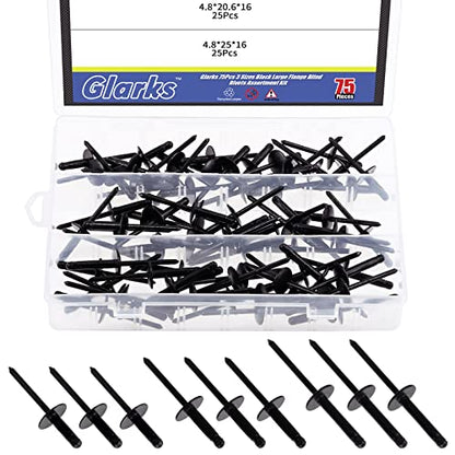 Glarks 75Pcs 3/16" x 5/8" / 13/16" / 1" Black Large Flange Blind Rivets Pop Rivets Assortment Set for Joining Metal Plate Pipe Automotive